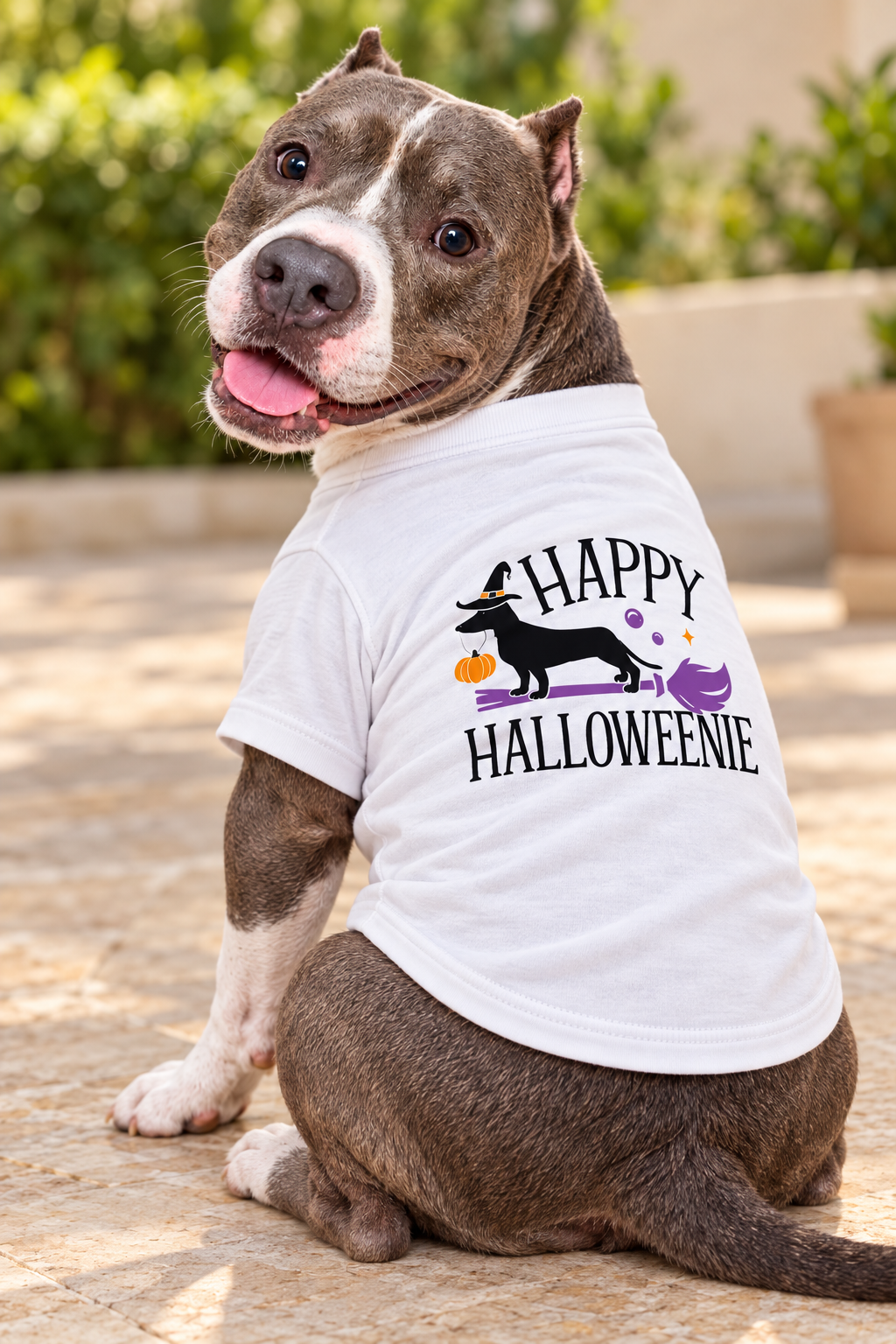 Chakal, modelo de PeludoPop, con la camiseta de Halloween Salchicha Brujita