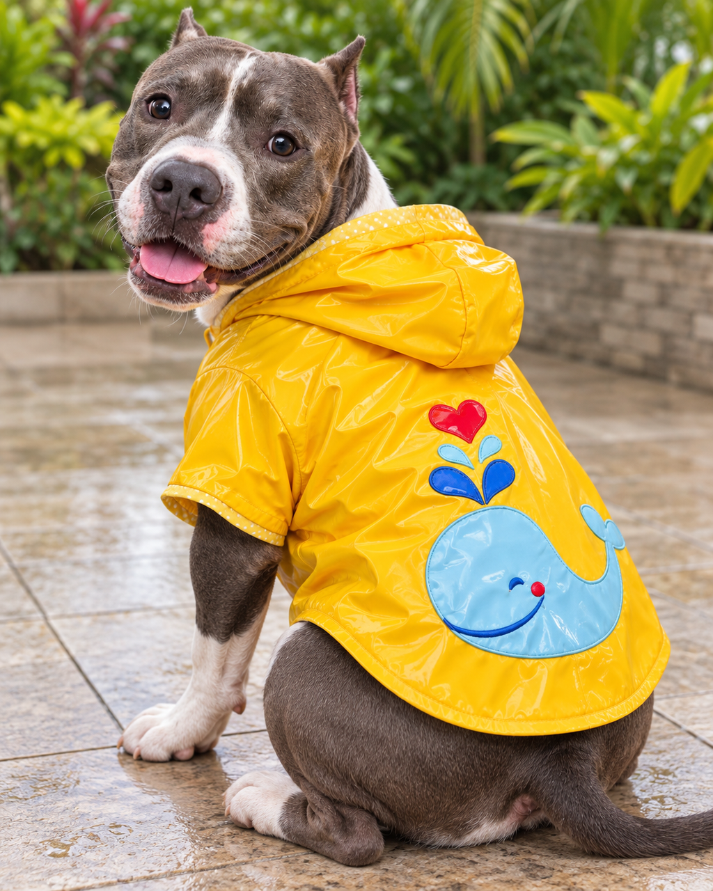 Chakal, modelo de PeludoPop, con el impermeable amarillo de ballenita